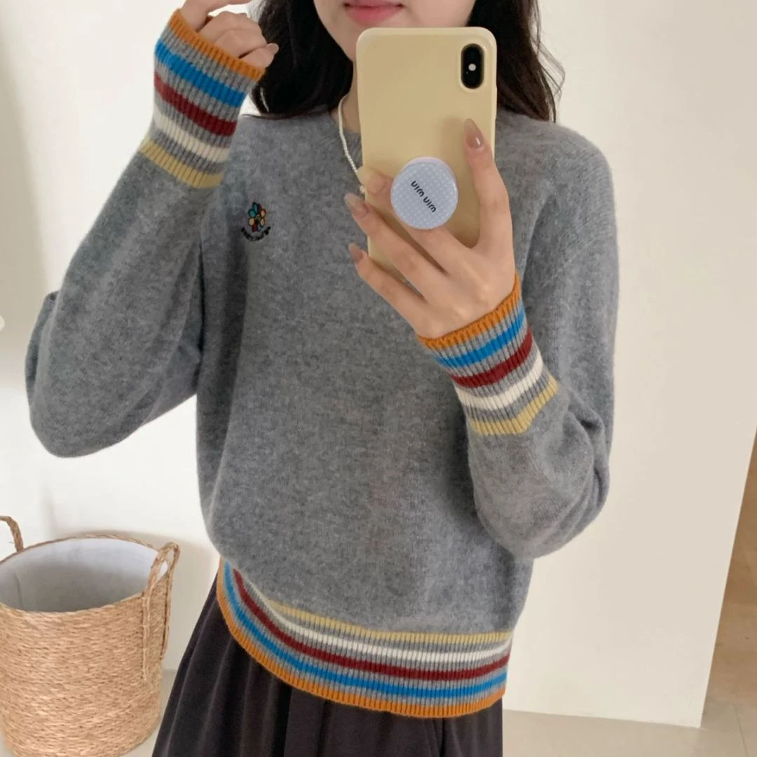 【素简.660191】新款秋冬100绵羊毛七彩螺纹同色绣花韩版羊毛衫