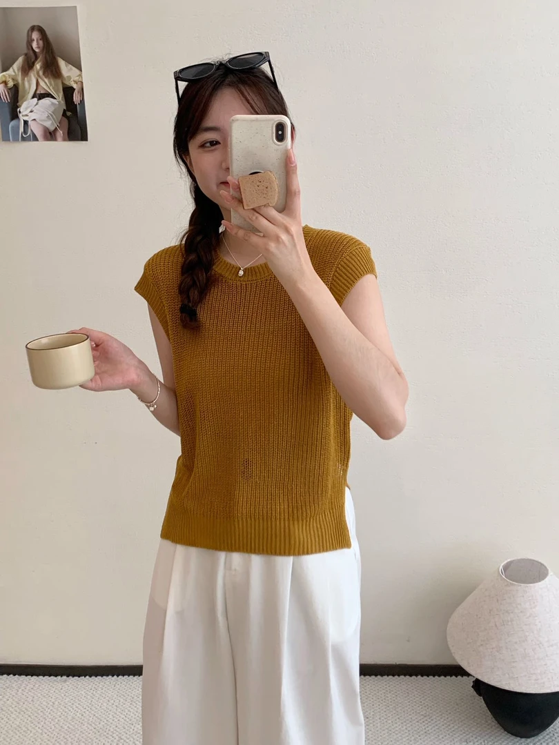 【素简.920172】夏季新款天丝亚麻小飞袖前长后短设计抽绳款针织衫