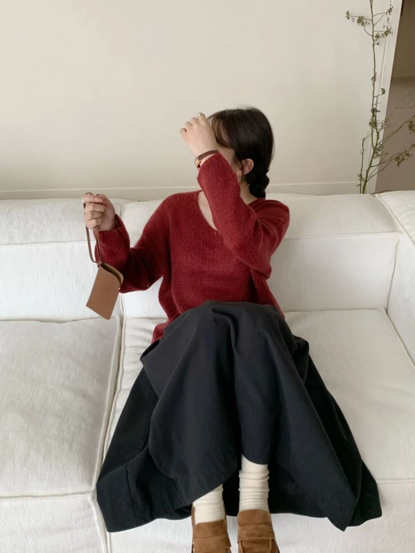【素简.650151】秋冬新款显瘦鸡心领马海毛女装上新时尚针织衫