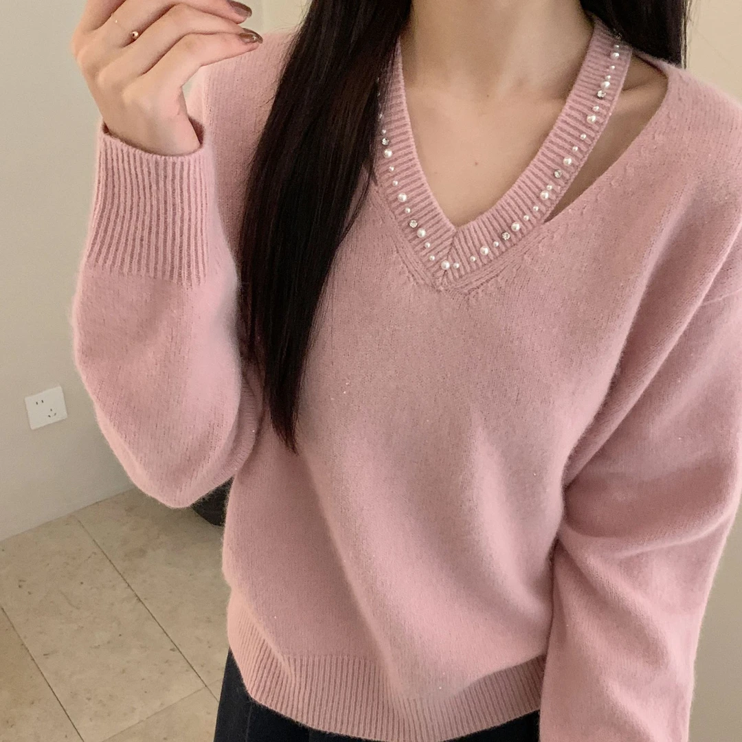 【素简.960110】秋冬新款重工挂脖V领红人上新绵羊毛混纺针织衫