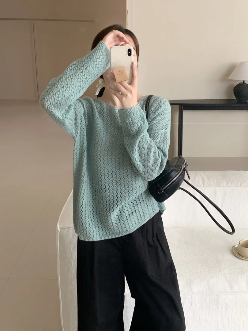 【素简.920197】秋冬防缩100绵羊毛法式波浪花纹一字领针织衫