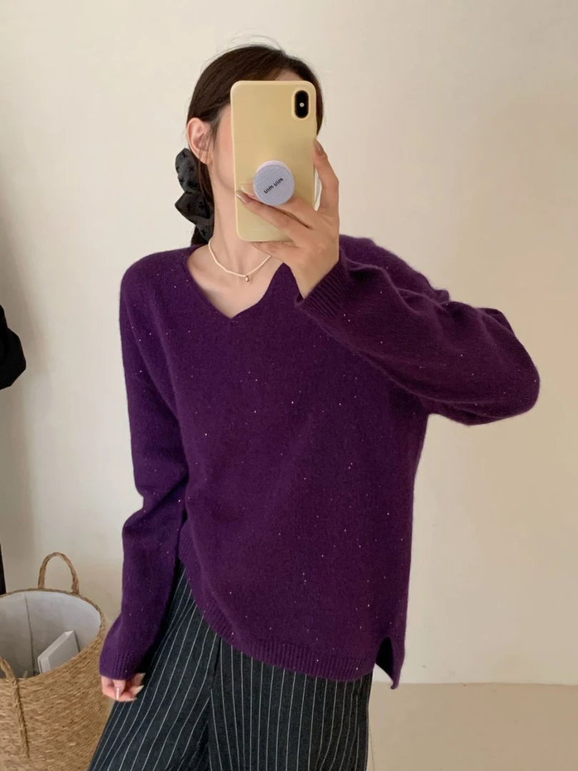 【素简.810177】秋冬新款亮片鸡心宝藏上新显瘦纯色针织衫