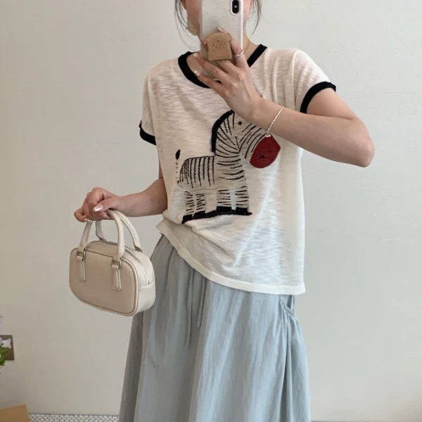 【素简.630183】夏季新款竹节麻凉感斑马图案显瘦时尚百搭针织衫