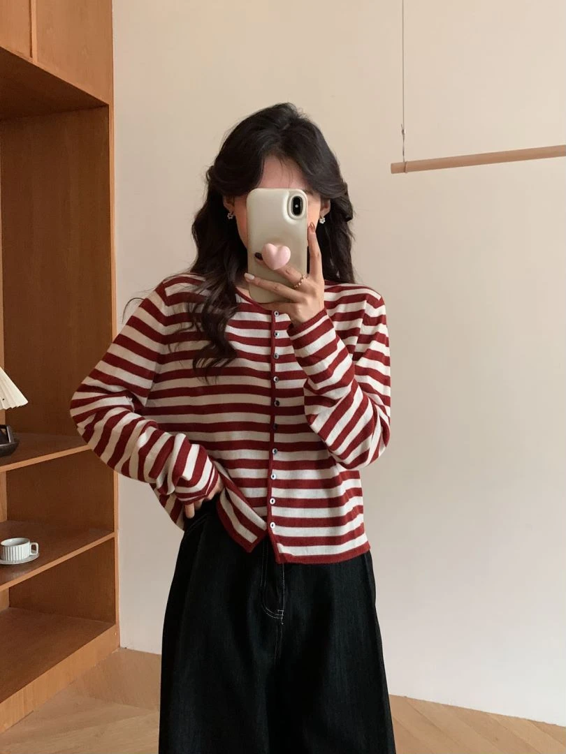 【素简.880128】30绵羊毛长袖针织打底夹条开衫显瘦羊毛衫