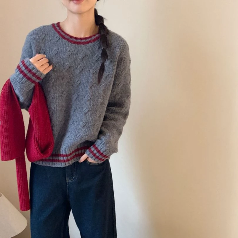 【素简.950165】秋冬新款100绵羊毛撞色复古粗针姣花羊毛衫
