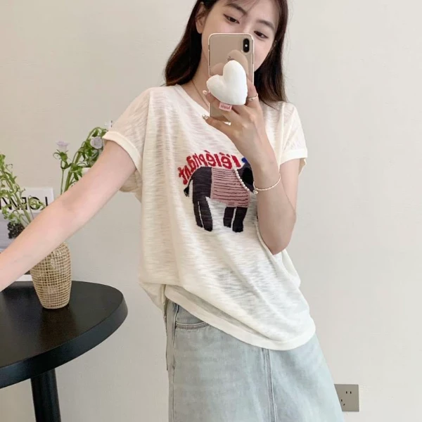 【素简.920116】夏季新款竹节麻卡通小象字母提花显瘦凉感针织衫