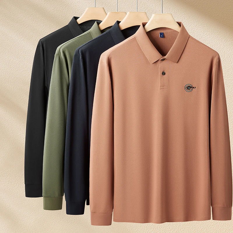 简约百搭大码男士休闲胖子加肥加大纯色长袖宽松POLO衫