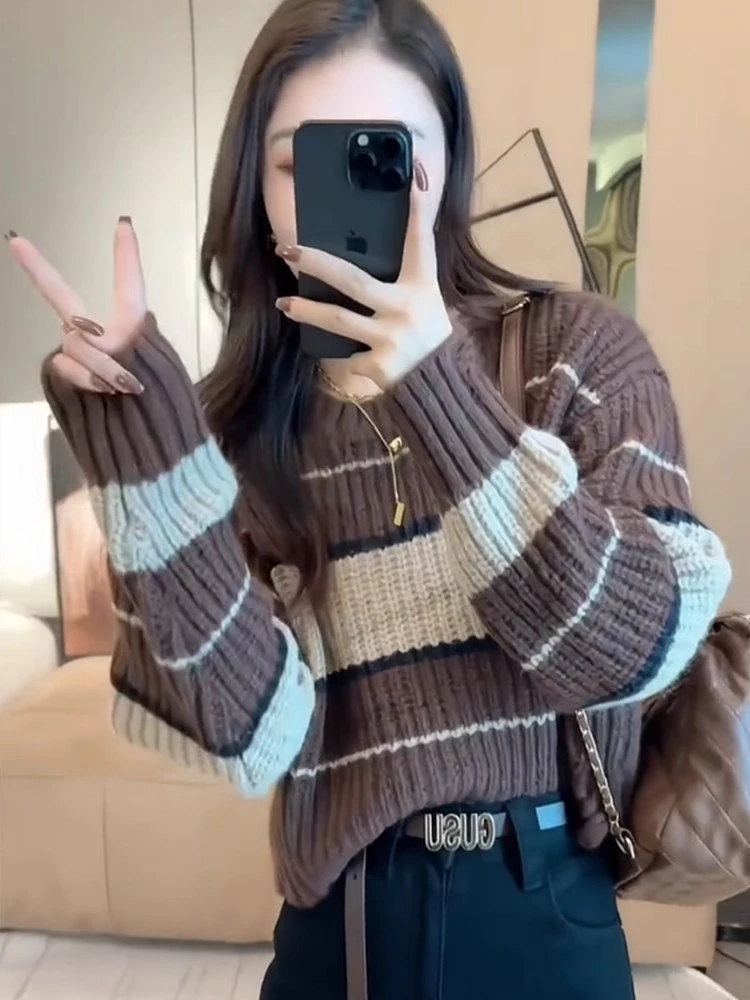 慵懒风软糯条纹毛衣女秋冬2023秋冬新款爆款宽松长袖上衣女针织衫