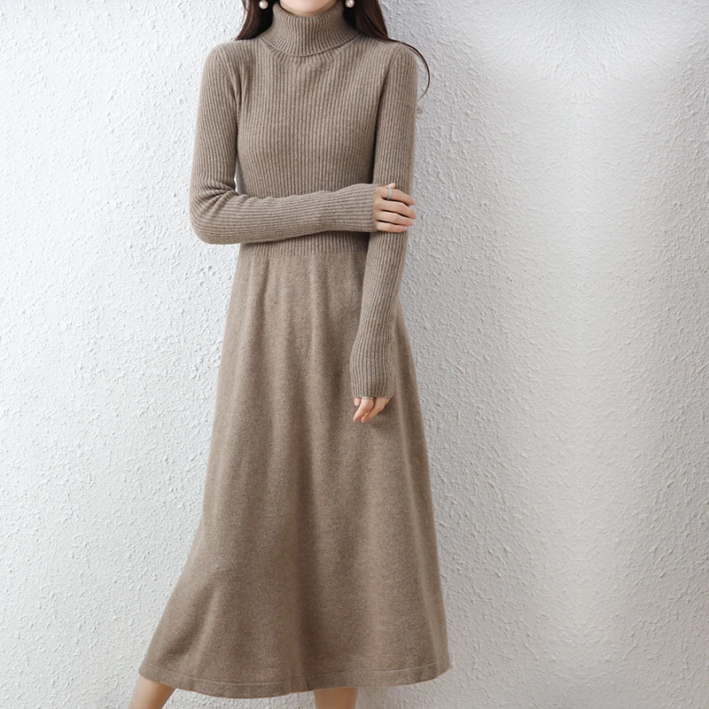 翻领100%羊毛衫中长款女上羊毛裙2024秋冬新款过膝