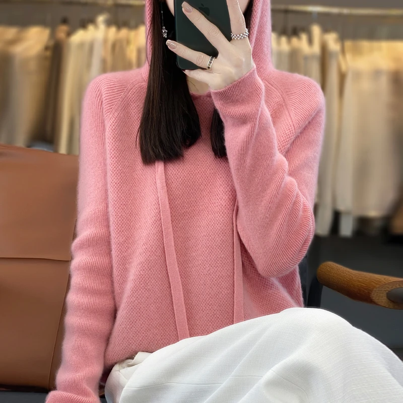 24秋冬加厚爆款100%纯羊毛蜂窝连帽羊毛衫女士针织宽松百搭上衣