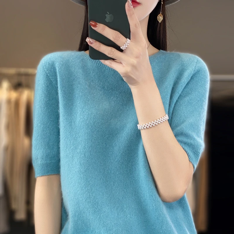 2024新款100%纯羊毛 一线成衣 圆领短袖羊毛衫女士套头打底衫