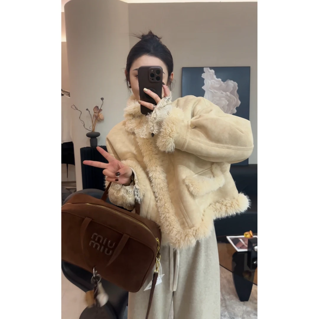 皮毛一体外套女加厚保暖宽松短款上衣2024秋冬新款时尚气质感女装