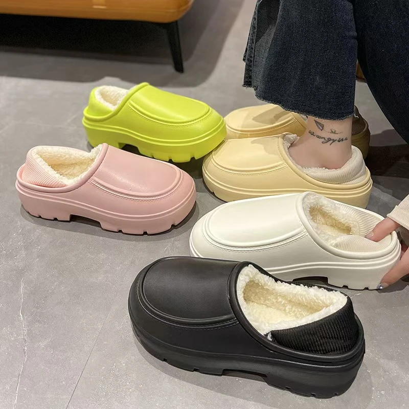 防水棉拖鞋女外穿室内居家厚底防滑增高包跟加绒保暖月子拖鞋冬季