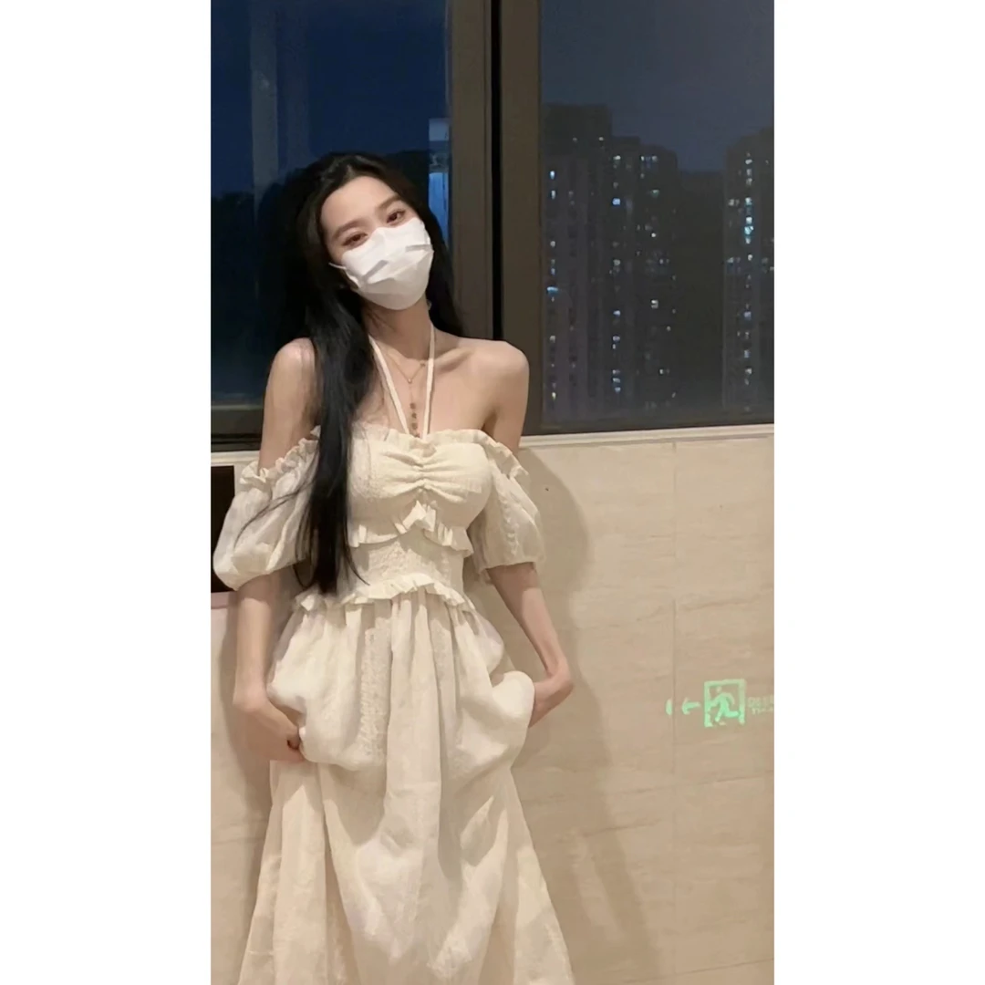 清仓 复古法式米色蝴蝶结一字肩泡泡袖裙子女 1451