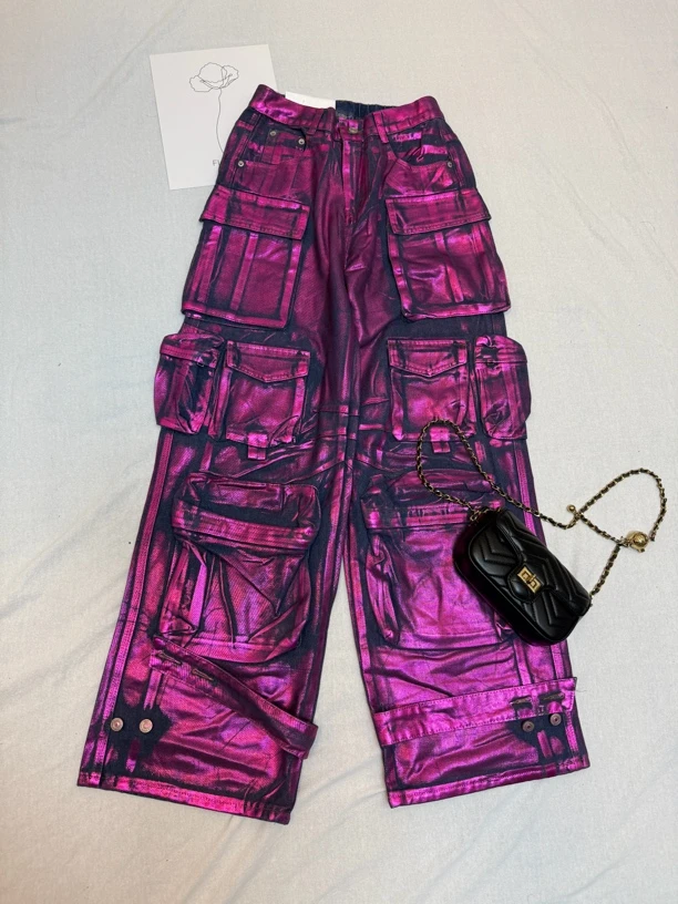 炸街款洗水渐变工装伞兵裤金银烫印大口袋设计休闲牛仔裤女3850