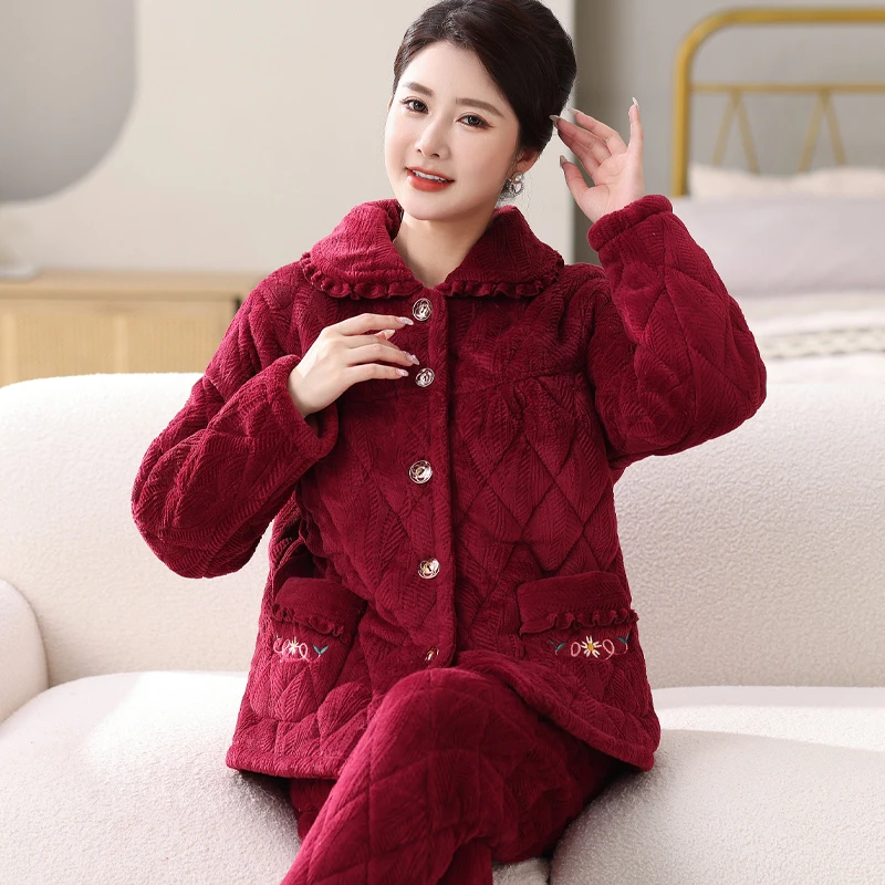 秋冬季夹棉睡衣女60-70岁大码中老年人妈妈装家居服加绒保暖套装