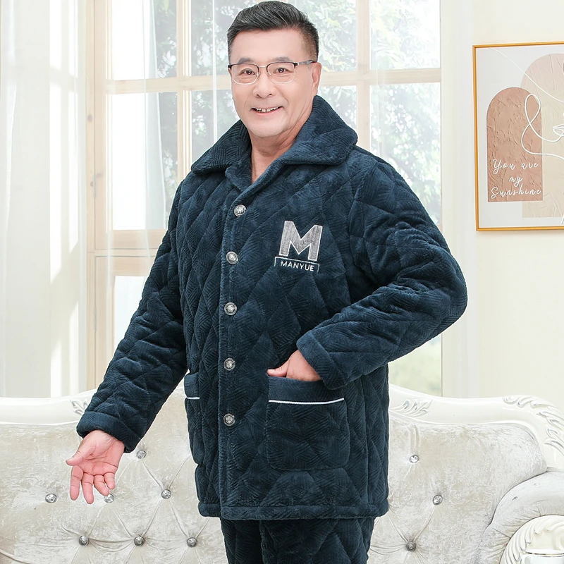 中老年超厚睡衣男60-70岁冬天加厚加绒三层夹棉保暖大码加肥加大