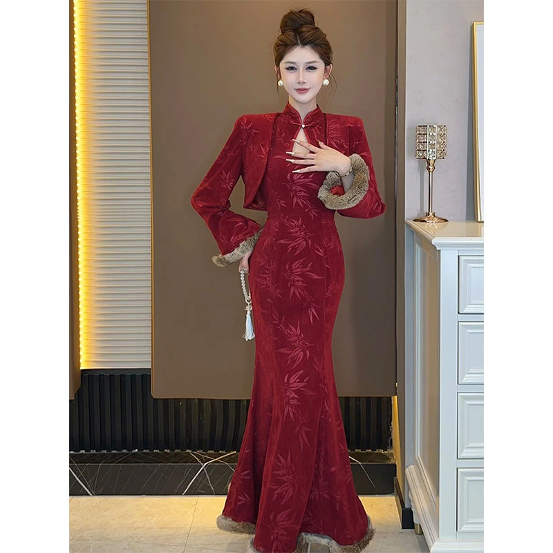 圣诞过年战袍富家千金女装新中式国风红色旗袍连衣裙外搭开衫套装