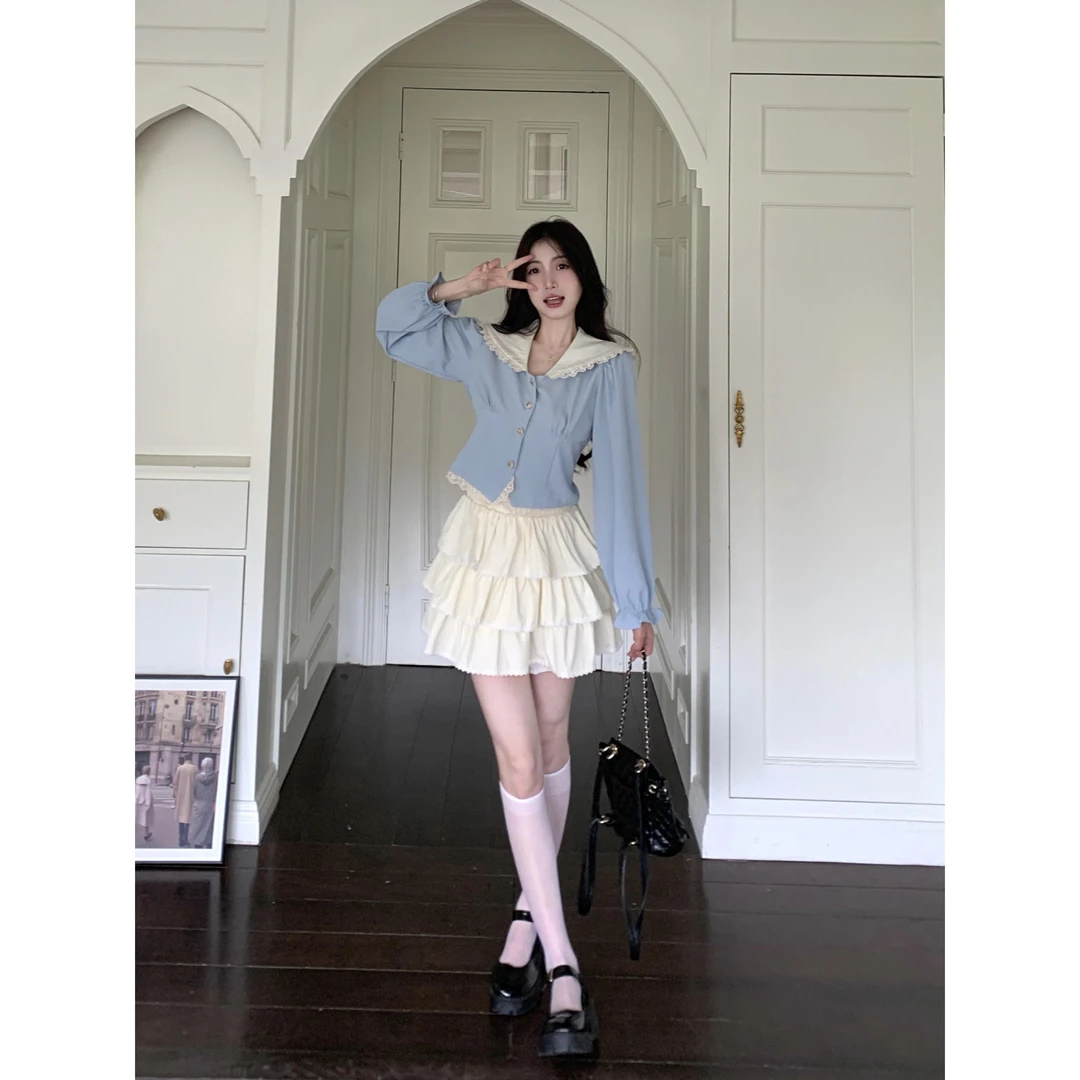 【福利清】大码纯欲甜妹海军领学院风长袖衬衣法式显瘦蛋糕裙两件套