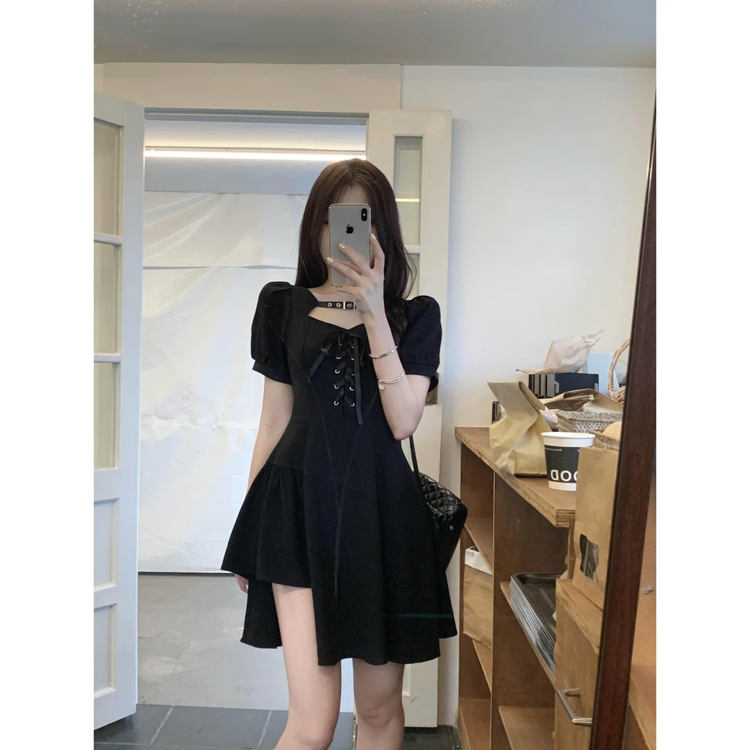 【魔法少女】胖mm不规则甜酷暗黑风蝴蝶结绑带显瘦小黑裙连衣裙女