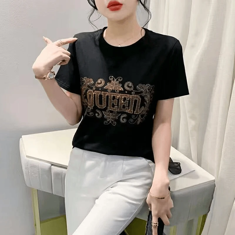 夏天t恤显瘦洋气时尚百搭夏季印花气质针织休闲女士半袖