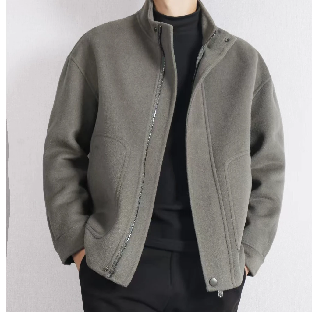 烁高8637纯色双面羊毛大衣毛呢衬衫减龄百搭休闲外套短款男士