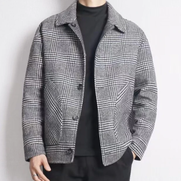 522#羊毛双面穿格子短款夹克男士秋冬百搭休闲商务时尚翻领外套