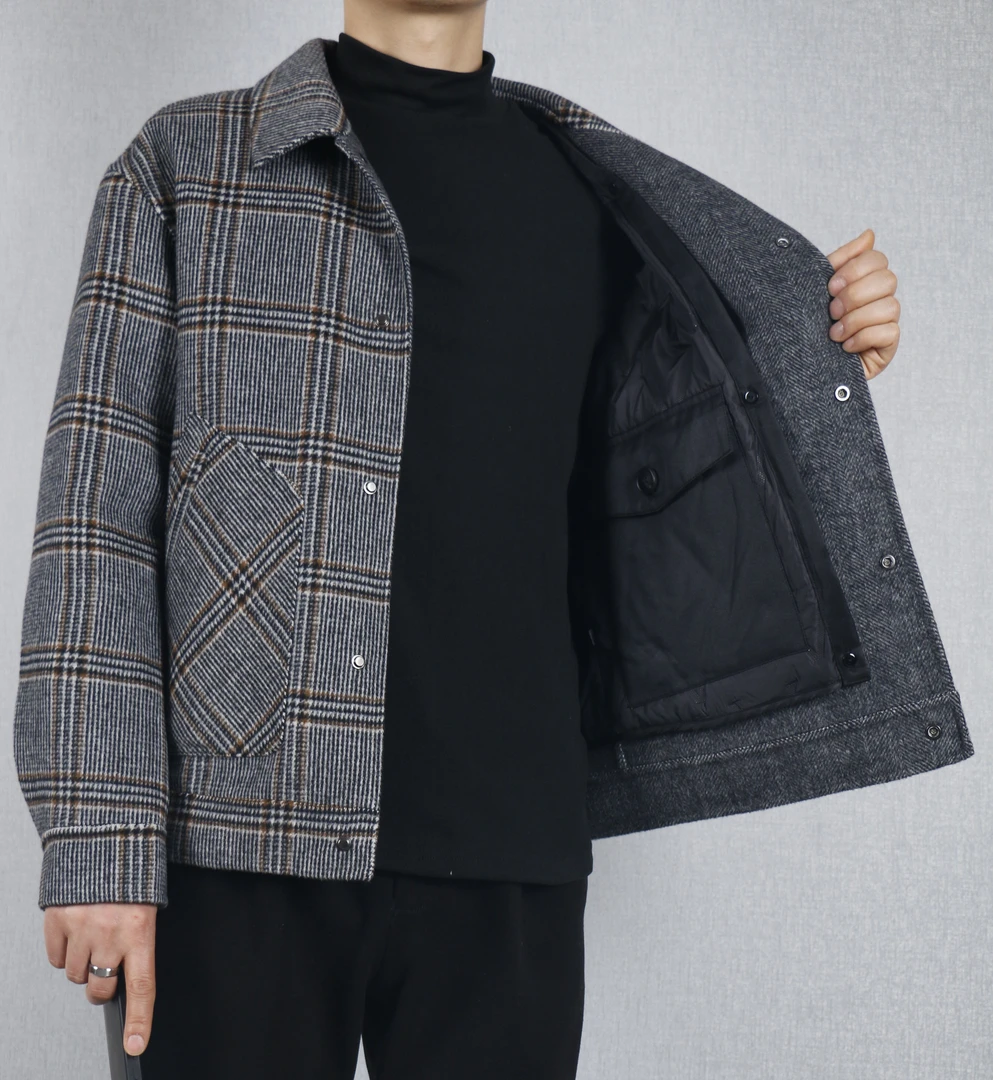 10548-2双面羊毛千鸟格加内胆短款夹克男士秋冬外套
