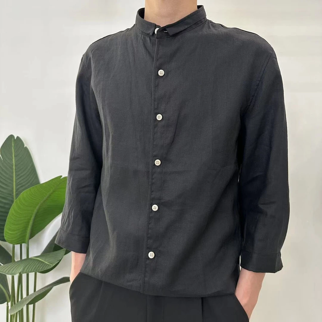 273夏季休闲百搭简约亚麻日常条纹宽松衬衫