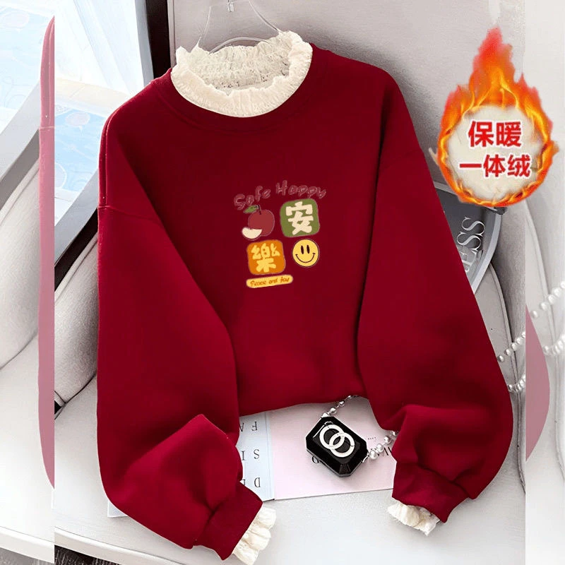 女童红色卫衣冬装2025儿童加绒上衣本命年女孩中大童新年衣服