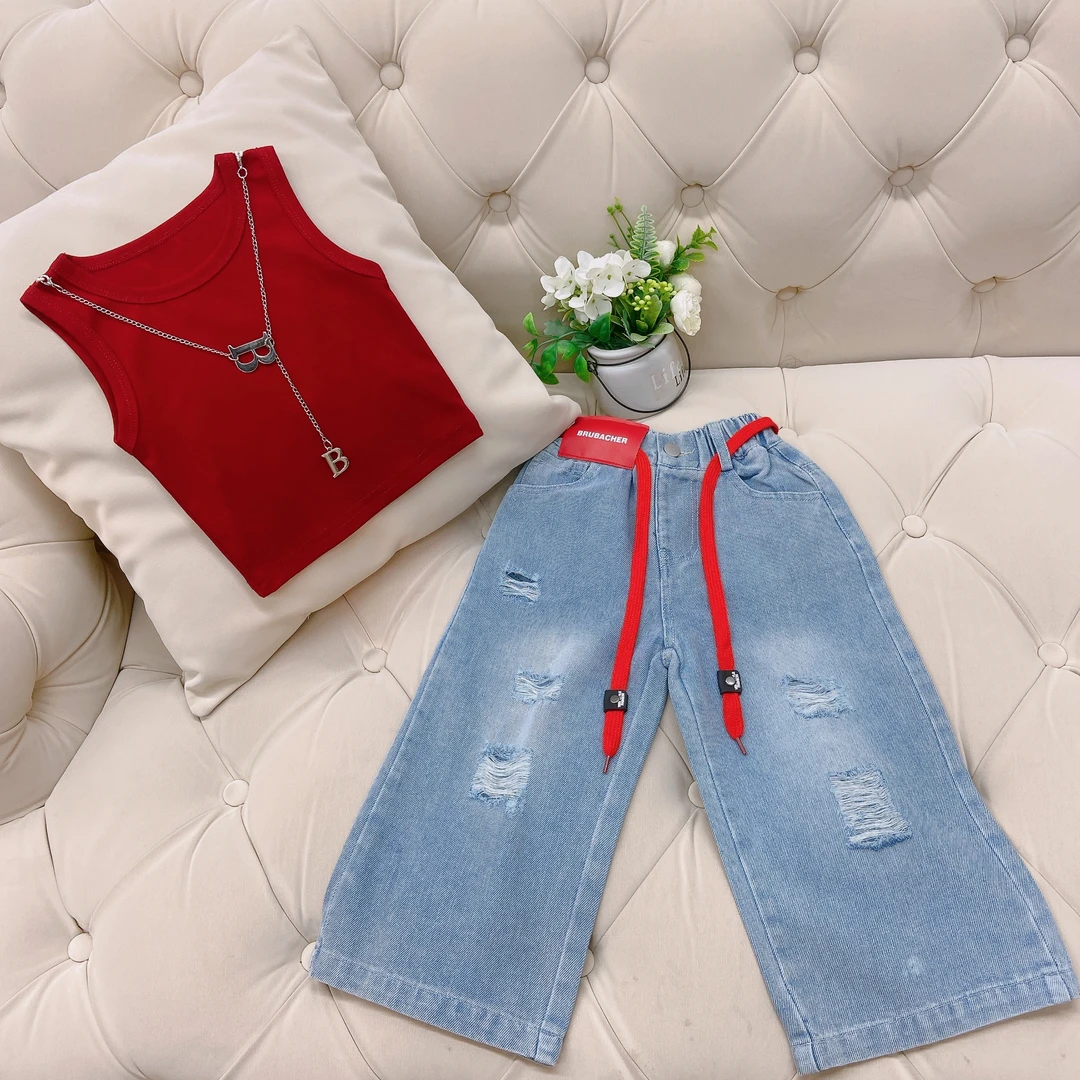 韩版2024女童夏季新款洋气时尚设计款休闲无袖上衣破洞牛仔裤套装
