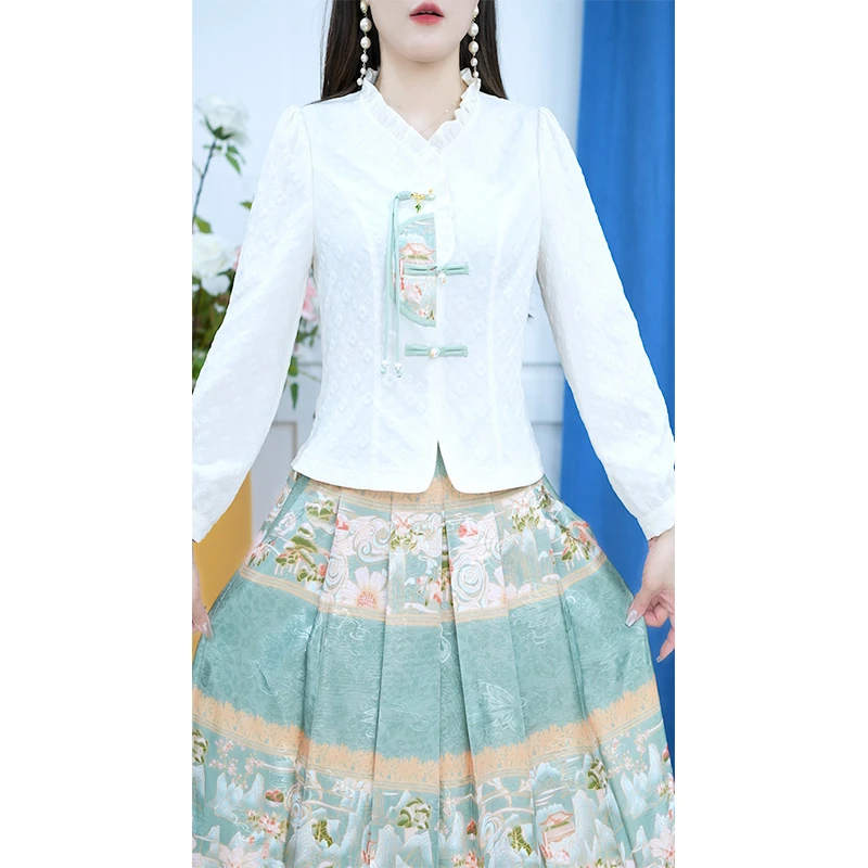 OS-24A66-1【两件套】上衣+半身裙V领收腰气质显瘦中式裙子M-5XL