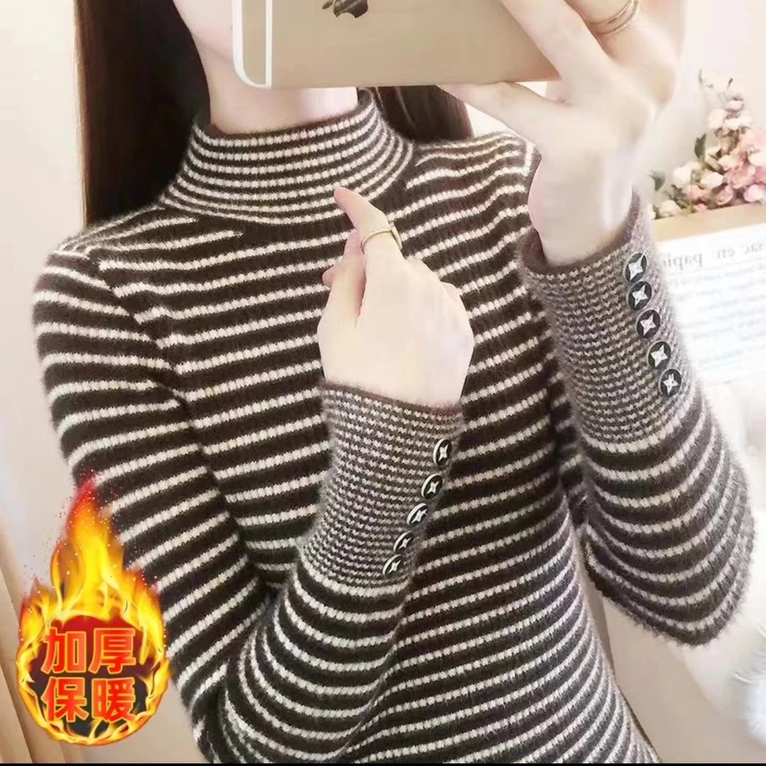 加厚半高领条纹针织衫2023女装修身百搭显瘦套头长袖秋冬打底衫