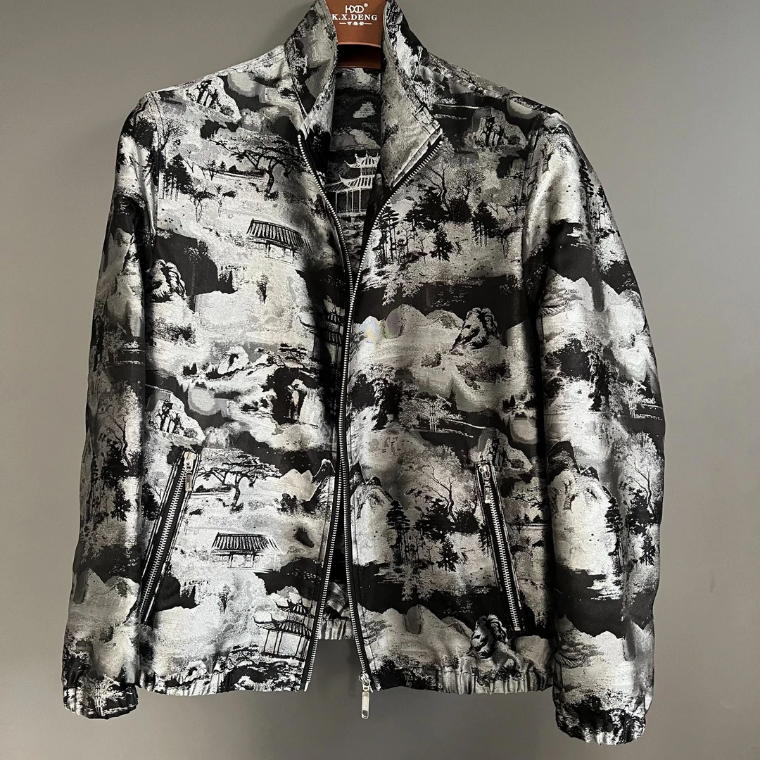 A-2425-新款100%桑蚕丝江南水墨斜纹男士立翻领时尚茄克外套