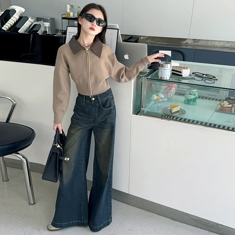 【Maila童装】女童复古牛仔阔腿裤洋气秋季皮领毛衣针织衫两件套装