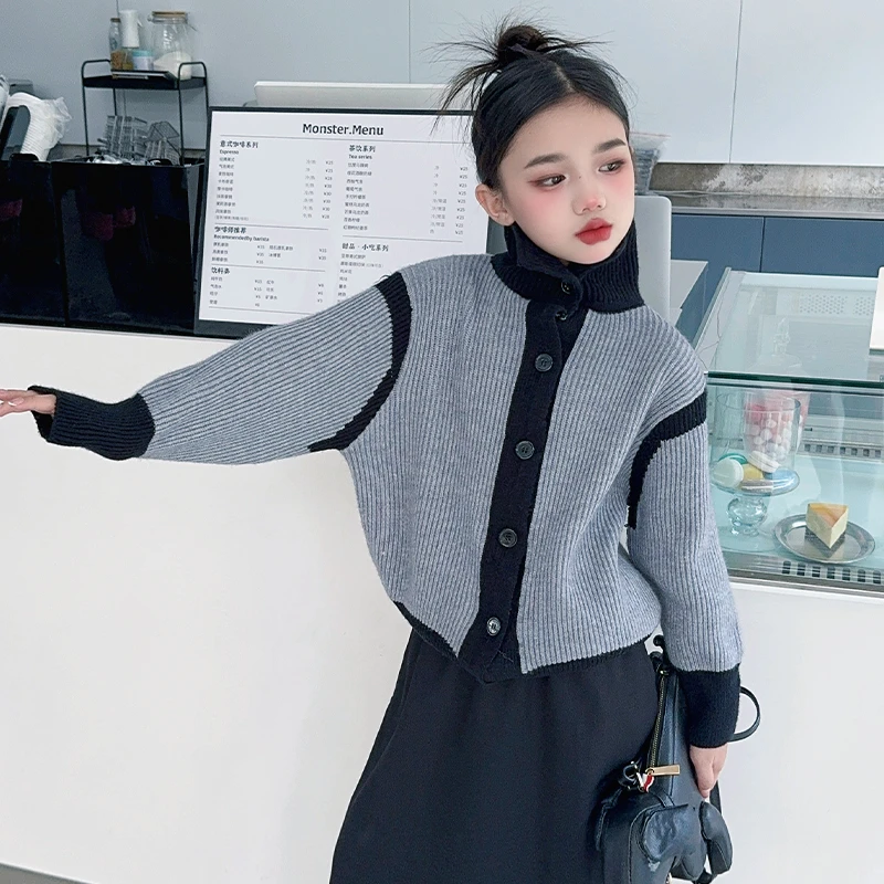 【宝藏衣橱上新】女童春秋慵懒感韩范毛衣针织衫撞色设计感针织外套