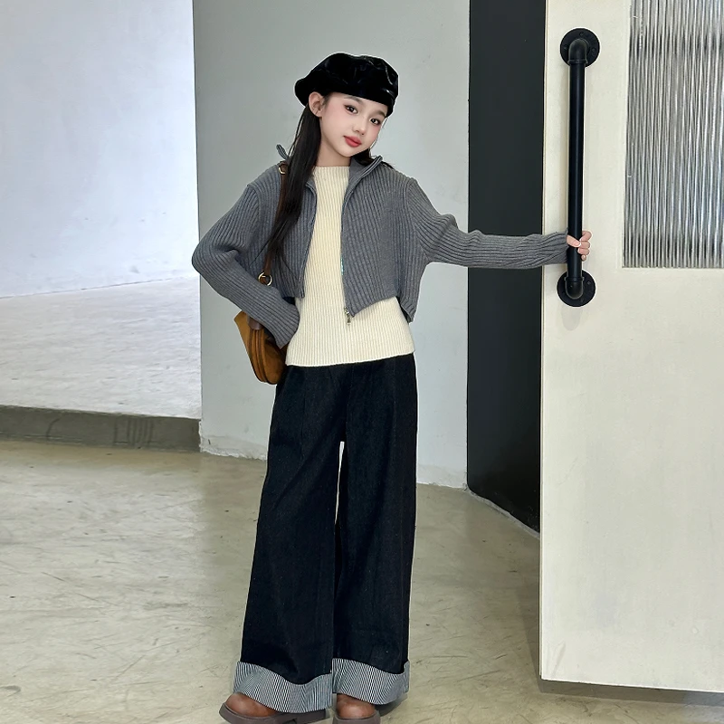 【你白弟Maila】女童洋气斜拉链毛衣针织衫真两件秋冬韩版毛衣百搭