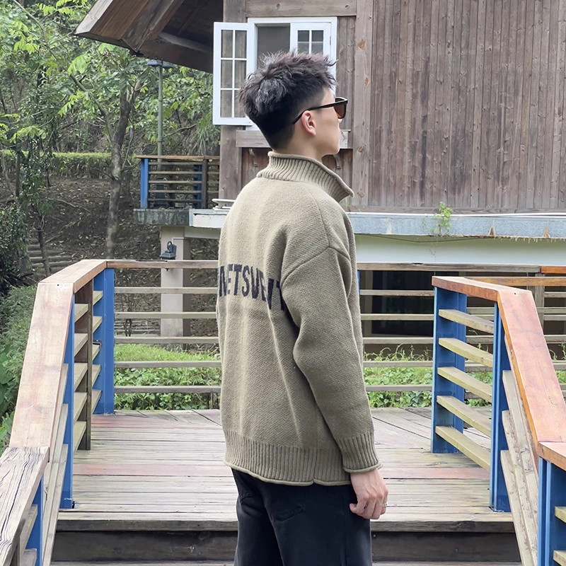 QIYU开衫毛衣潮牌慵懒潮流男百搭ins秋季高领后背字母针织衫外套