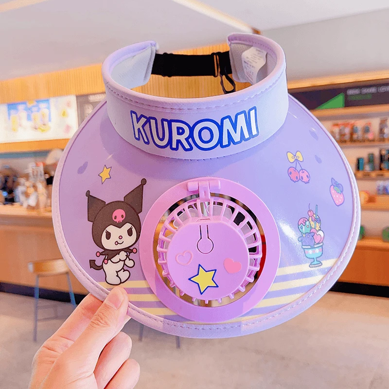 儿童库洛米带风扇防晒帽男女童空顶帽夏季三丽鸥小女孩遮阳太阳帽