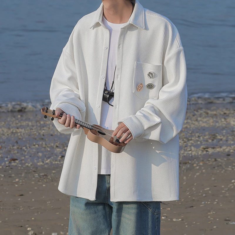 流行港风设学生文艺帅气休闲长袖衬衫男春秋宽松潮流高级百搭外套