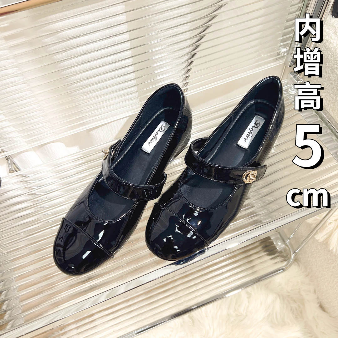 圆头内增高5cm法式气质浅口漆皮玛丽珍小皮鞋通勤百搭平底女单鞋
