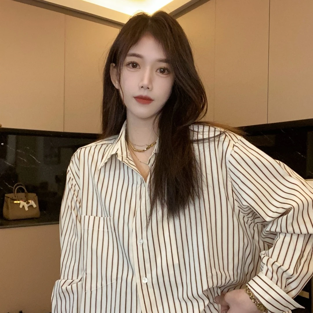 条纹衬衫女2024秋季新款韩版细条纹衬衣韩范百搭上衣