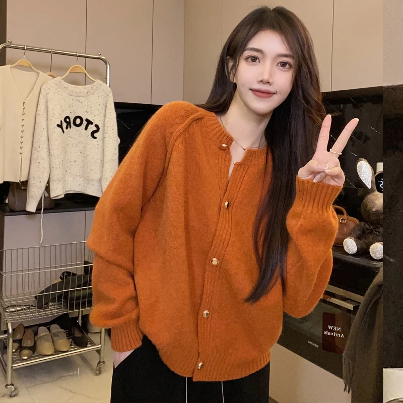 【现货】长袖针织衫女秋冬开衫2024韩版新款时尚休闲毛衣纯色上衣