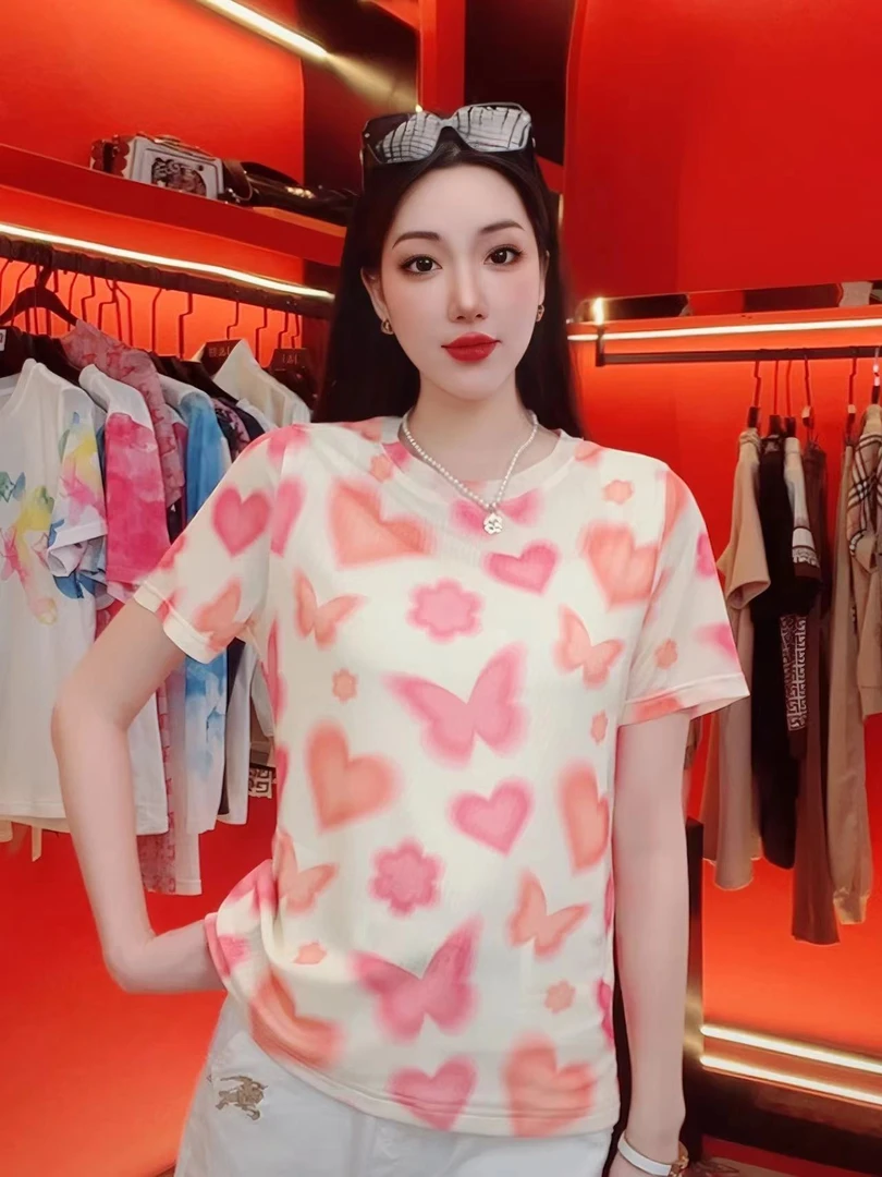 8696-粉色-夏季休闲高级感双层网纱上衣女薄款T恤