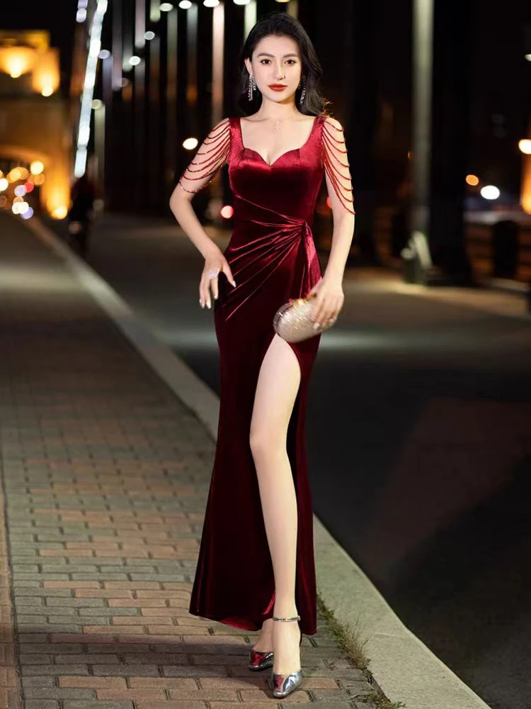 高端晚礼服女2024新款气质宴会主持人车模长裙性感夜场足疗工作服