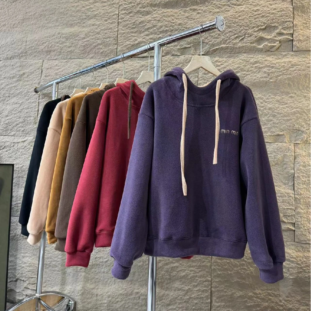 274秋冬新款时尚加厚连帽套头衫简约刺绣加绒加厚卫衣女