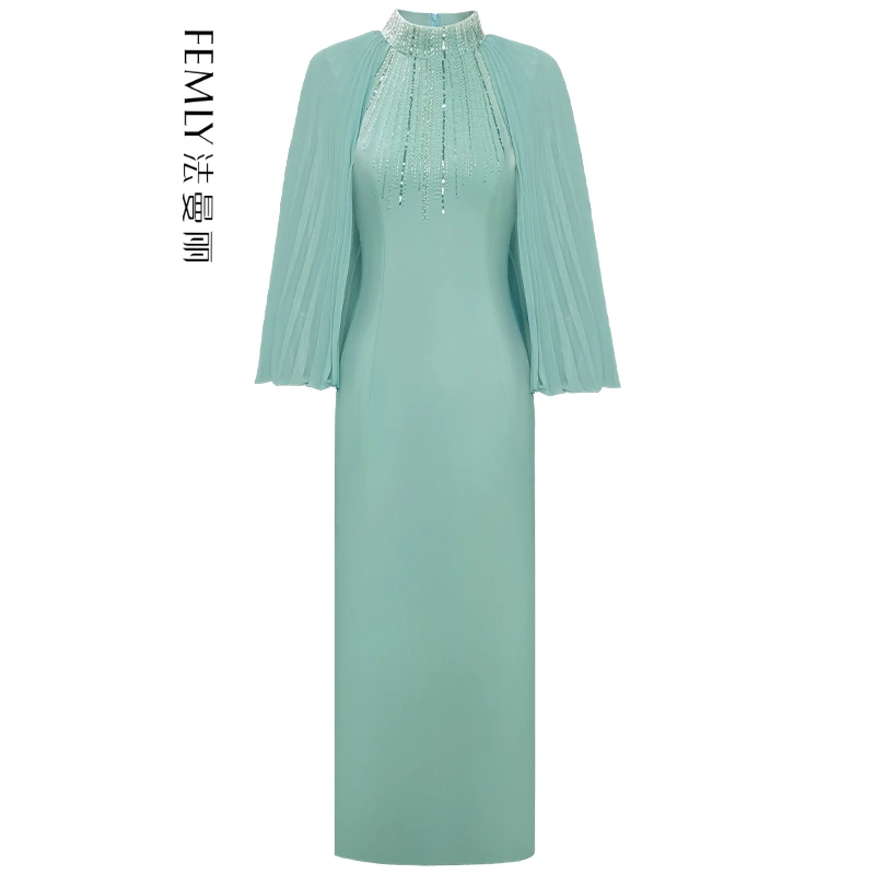 FEMLY法曼丽 2024早春新款气质修身贵夫人钉珠披肩连衣裙X2356