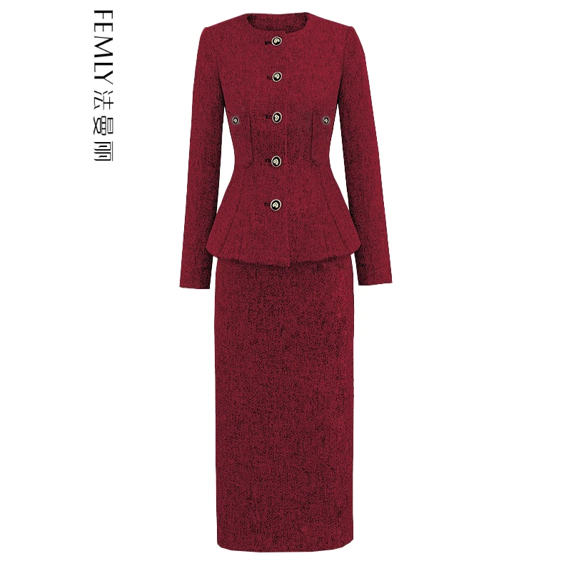 FEMLY法曼丽 2023秋冬原创新款气质简约外套+半身裙羊毛套装X2320