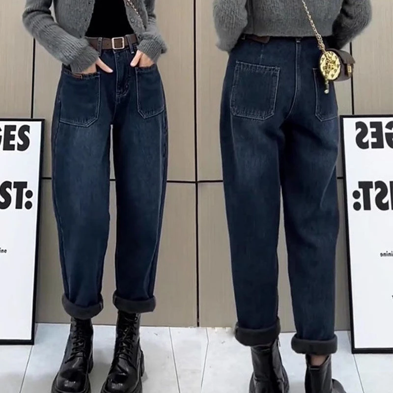 秋冬遮胯高腰大码哈伦牛仔裤女显高显瘦胖mm遮肉流行直筒老爹裤子