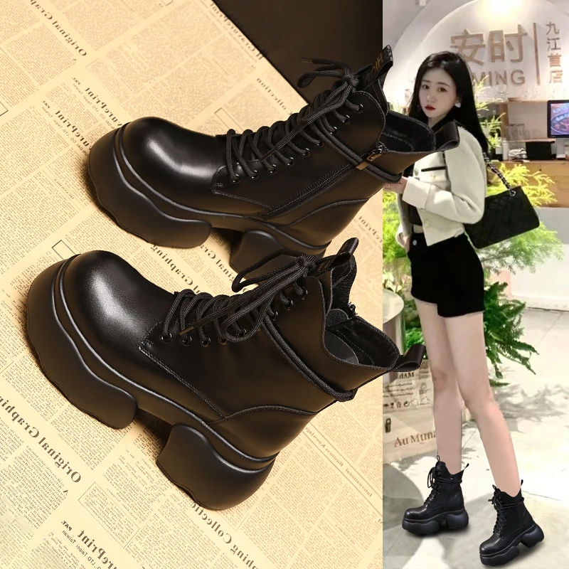 ZDW5520-25小个子厚底增高10cm马丁靴女2024秋季新款松糕休闲短靴